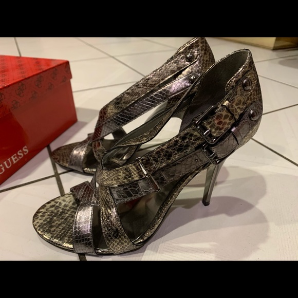 Pewter and Gold Double Buckle Guess Heels - Picture 2 of 9